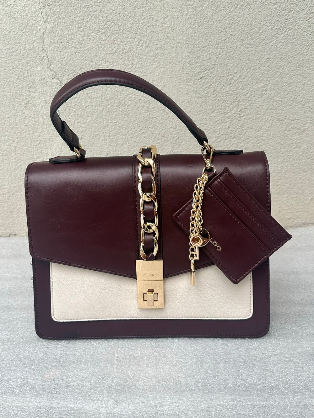 NWOT ALDO Burgundy & Ivory Top Handle Crossbody Bag Gold Chain Card Holder Incl